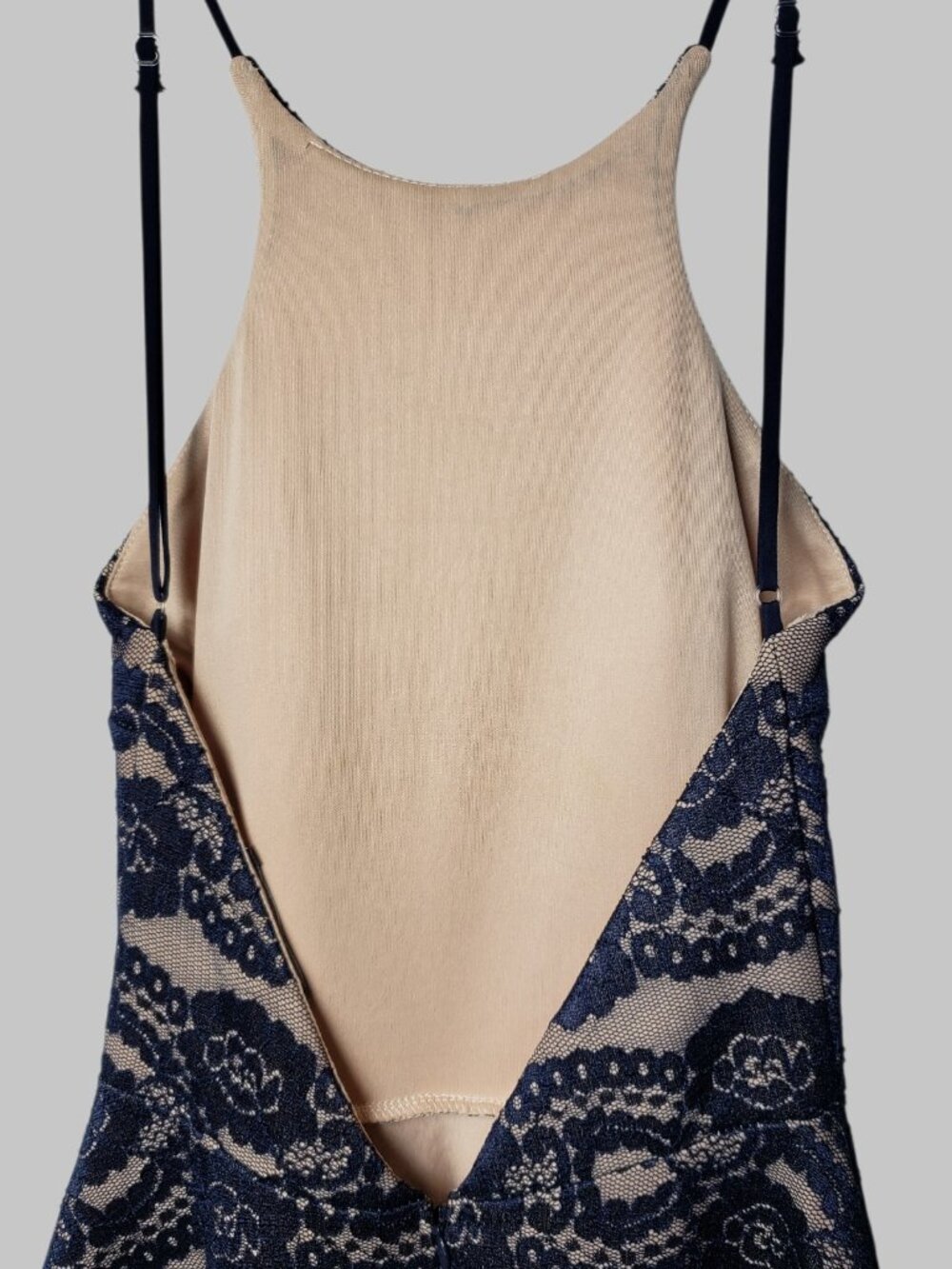 ANGL Nude Lace Fit & Flare Skater Dress Open Back Party Dress Navy Blue Medium - Picture 8 of 14